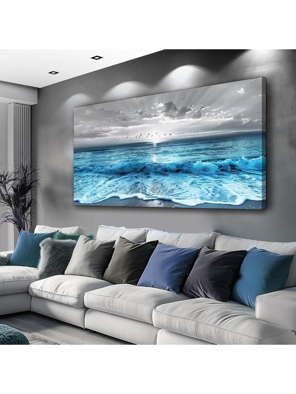 Modern Canvas Wall Art - Blue Ocean Wave Decor for Living Room & Bedroom, 20x40